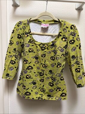 Pinup Couture Lime Green Skull Scoop-Neck Long Sleeve Top